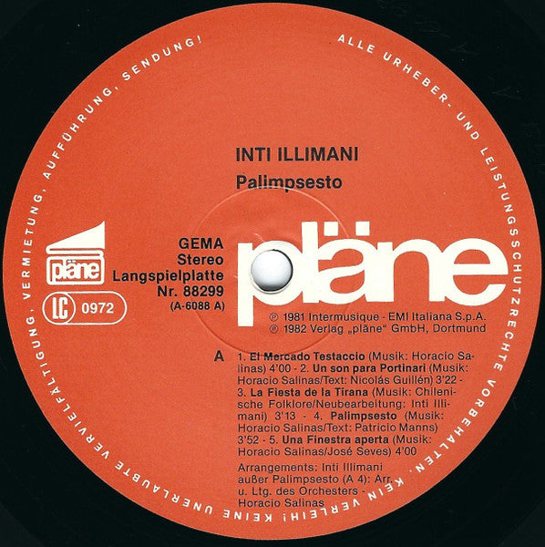 Image of Label Cover of LP - VG/VG - INTI-ILLIMANI, Palimpsesto (pl ne; 88 299, Germany 1982, Inner), Sleeve lightly stained / discoloured in places, creased too, with writing on reverse, - 2616345C