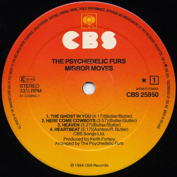 Image of Label Cover of LP - VG/VG - THE PSYCHEDELIC FURS, Mirror Moves (CBS; CBS 25950, Europe 1984, Inner), , - 2616519C