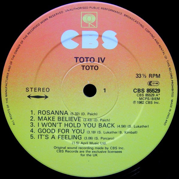 Image of Label Cover of LP - VG/VG - TOTO, Toto IV (CBS; CBS 85529, UK 1982, Missing the insert, 'Made in England' Rim Text), , - 2726005E