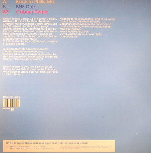 Image of Back Cover of 12" - VG/VG - FREEMASONS FEAT. AMANDA WILSON, Love On My Mind (Loaded Records; LOAD 108, UK 2005, Picture Sleeve), Light marks on disc. Sleeve has light creasing and sticker ghost., - 2716050C