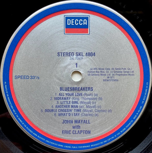 Image of Label Cover of LP - VG/VG - JOHN MAYALL WITH ERIC CLAPTON, Blues Breakers (Decca; SKL 4804, Netherlands 1988 Reissue, Embossed PRS BAARN on rear sleeve), , - 2716146C
