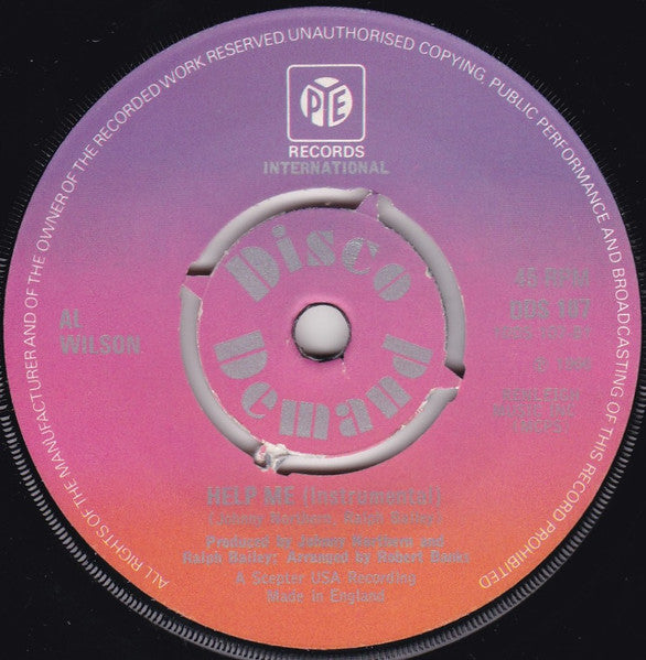 Image of Label Cover of 7" - VG/VG - AL WILSON, Help Me (Pye International; DDS 107, UK 1974 Reissue, Company Sleeve), Light wear to sleeve., - 2726091E
