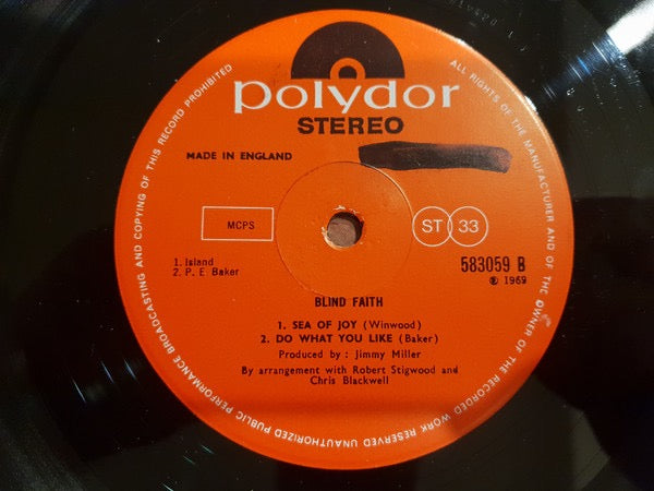 Image of Label Cover of LP - G+/G - BLIND FAITH, Blind Faith (Polydor Red Labels With B Side Publishing Credits Over Two Lines & Smaller Phonographic Logo; 583 059, UK 1969, MacNeill Gatefold Sleeve), Sleeve intact but a bit worn, Light marks and hairlines to disc. , - 2716085C