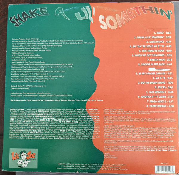 Image of Back Cover of 2xLP - G+/G+ - THE 2 LIVE CREW, Shake A Lil' Somethin' (Lil' Joe Records; XR 215-1, US 1995, Picture Sleeve), Light marks only, but several of them. Shelf & ring wear to sleeve., - 2726014E
