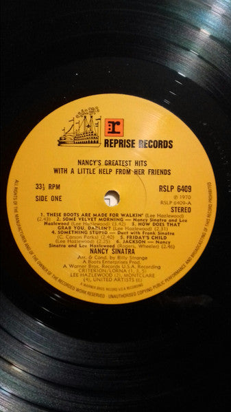 Image of Label Cover of LP - VG/VG - NANCY SINATRA, Nancy's Greatest Hits (Reprise; RS6409, US 1970, Laminated Sleeve, RSLP 6409 A-1 *T), Laminate creasing, small sticker residue, corner wear., - 3946440S