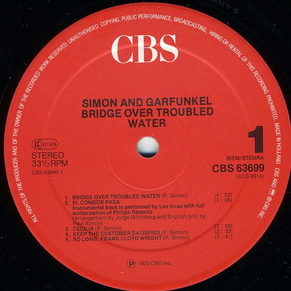 Image of Label Cover of LP - VG+/VG+ - SIMON AND GARFUNKEL, Bridge Over Troubled Water (CBS; 63699, Europe , Stereo, Red Labels), , - 2746136S
