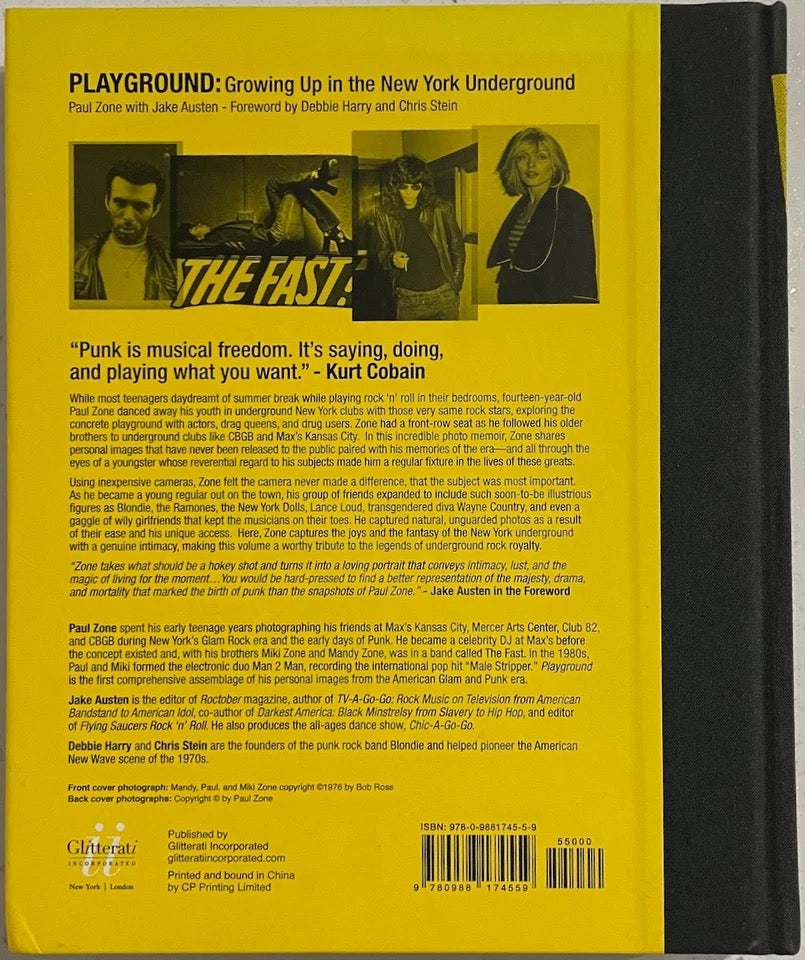 Image of Back Cover of Book - EX/EX - PAUL ZONE, JAKE AUSTIN, Playground: Growing Up in the New York Underground (Glitterati; , UK 2014, Hardback, First Edition), , - 2736118E