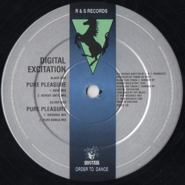 Image of Label Cover of 12" - VG/VG+ - DIGITAL EXCITATION, Pure Pleasure (4AD; RSUK 10, UK 1992, Stickered Company Sleeve), Some edge wear slightly rougher along opening. Creasing too, - 2716289C