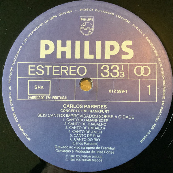 Image of Label Cover of LP - VG/VG - CARLOS PAREDES, Concerto Em Frankfurt (Philips; 812 599-1, Portugal 1983), Old sticker on rear sleeve, - 2716290C
