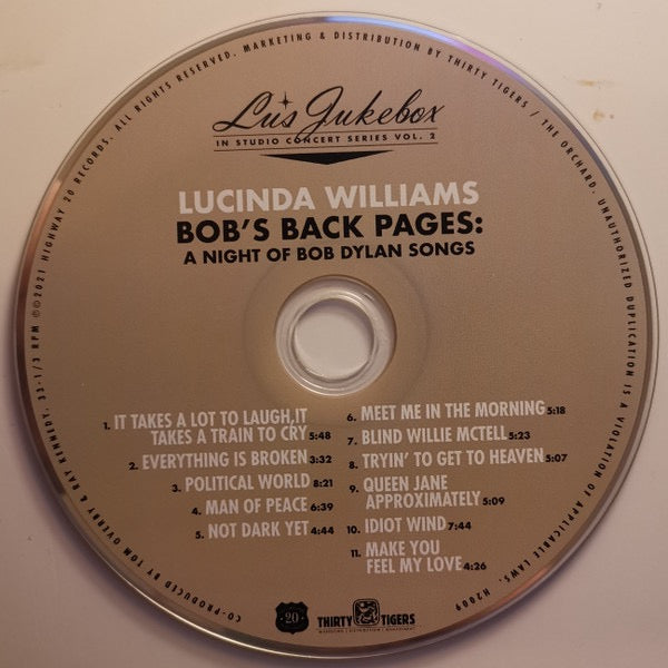 Image of Label Cover of CD - VG+/VG+ - LUCINDA WILLIAMS, Bob's Back Pages: A Night Of Bob Dylan Songs (Highway 20 Records; H2009, UK 2021 Reissue, Fold Over Sleeve), , - 2716357C