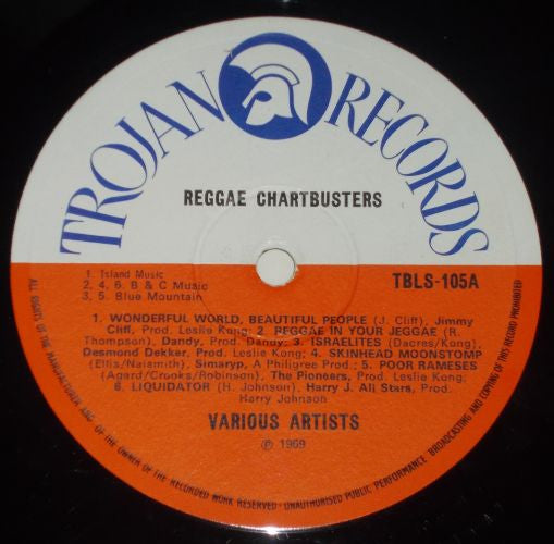 Image of Label Cover of LP - VG/VG - VARIOUS ARTISTS, Reggae Chartbusters (Trojan Records; TBLS 105, UK 1969, Laminated Front Sleeve), Light lines only, decent copy., - 2716406C