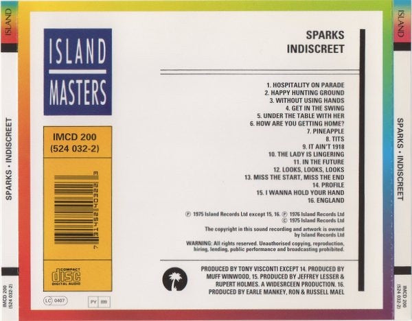 Image of Back Cover of CD - VG+/VG+ - SPARKS, Indiscreet (Island Masters; IMCD 200, Europe 1994 Reissue, Jewel Case), , - 2716421C