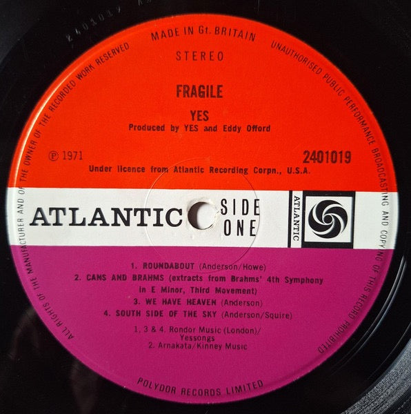 Image of Label Cover of LP - VG/G - YES, Fragile (Atlantic Plum & Orange Labels; 2401019, UK 1971, Gatefold , Stapled In Booklet), Lots of surface marks and some mottled marks, Sleeve lightly worn, - 2716374C
