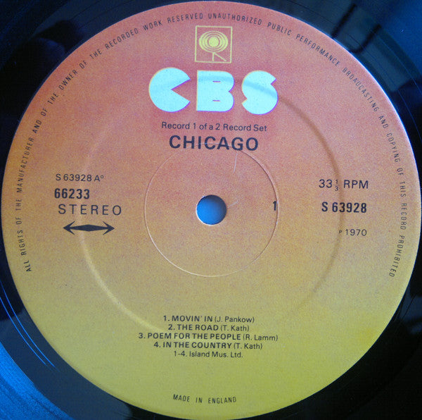 Image of Label Cover of 2xLP - VG/VG+ - CHICAGO, Chicago (CBS; 66233, UK 1970 Reissue, Gatefold, Sunburst labels), Name labels on record labels. Crease along gatefold inner. , - 2726348E