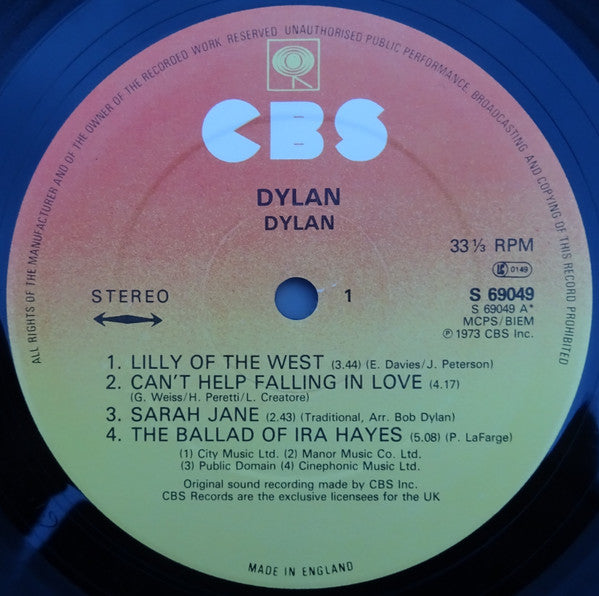 Image of Label Cover of LP - VG/VG+ - BOB DYLAN, Dylan (CBS; 69049, UK 1970s Reissue), , - 2726366E