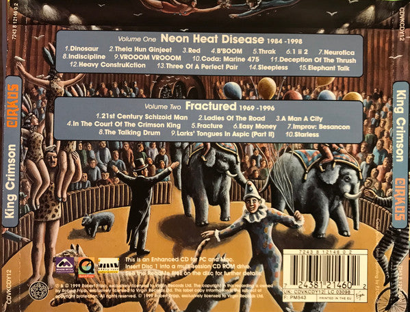 Image of Back Cover of 2xCD - VG+/VG+ - KING CRIMSON, Cirkus (The Young Persons' Guide To King Crimson Live) (Virgin; 7243 8 12146 0 2, Europe 1999, Jewel Case), , - 2836028E