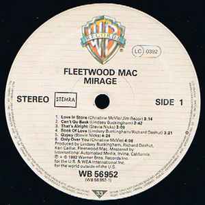 Image of Label Cover of LP - VG/VG - FLEETWOOD MAC, Mirage (Warner Bros. Records; WB 56952, Netherlands 1982, Inner), Hairlines, edge wear, - 2846025S