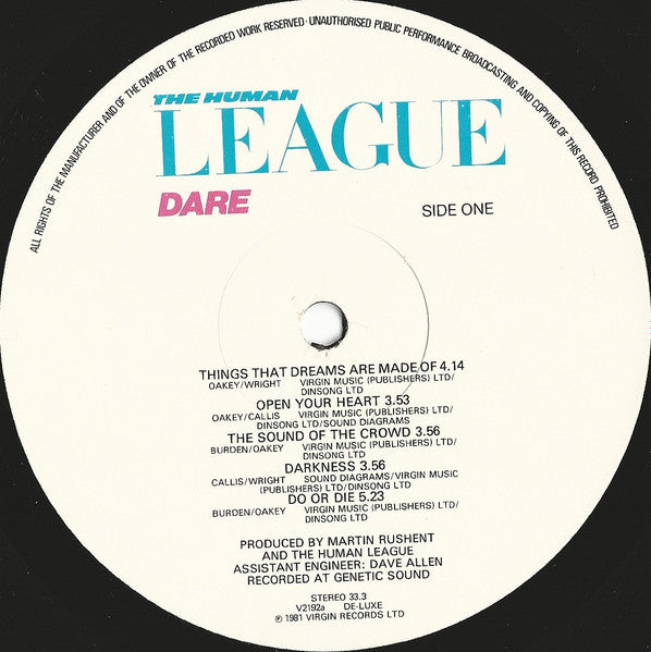 Image of Label Cover of LP - VG/VG - THE HUMAN LEAGUE, Dare (Virgin; V2192, UK 1981, Gatefold, Inner, MPO Pressing), Hairlines, sticker damage, - 2846030S