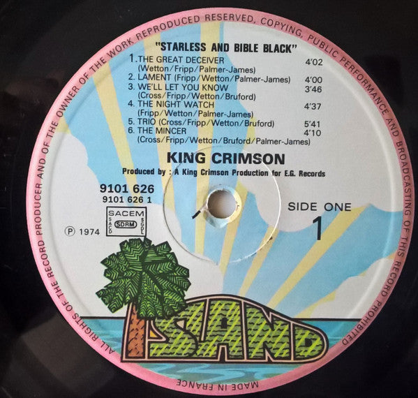 Image of Label Cover of LP - VG+/VG - KING CRIMSON, Starless And Bible Black (Island Records ; 9101 626, France 1974, Laminated Gatefold Sleeve, Insert), Strong VG, - 2826091E