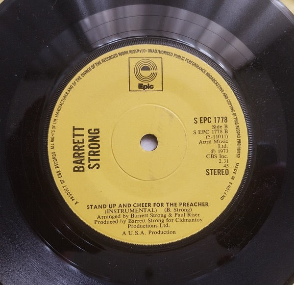 Image of Back Cover of 7" - /VG - BARRETT STRONG, Stand Up And Cheer For The Preacher (Epic; S EPC 1778, UK 1973), Light Marks only - plays great! B-side label torn., - 2816174C
