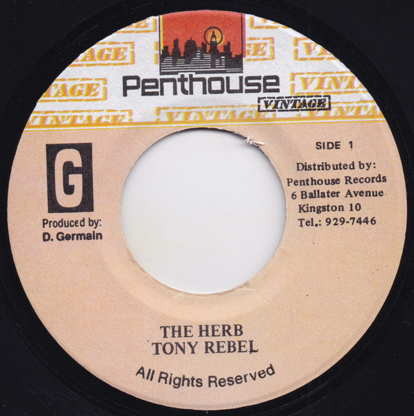 Image of Front Cover of 7" - /VG - TONY REBEL, The Herb (Penthouse Vintage; , Jamaica 1990s Reissue), Solid VG copy., - 2826151E