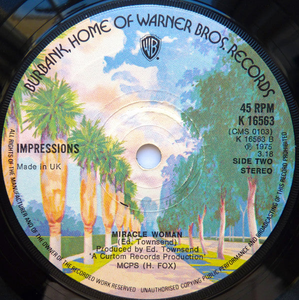 Image of Back Cover of 7" - G/VG - THE IMPRESSIONS, Sooner Or Later / Miracle Woman (Warner Bros. Records; K 16563, UK 1975), A-side has area of scuffed marks, label has large sticker on it. With company sleeve (rip from middle, heavy creasing, light damage, pencil writing), - 2816190C
