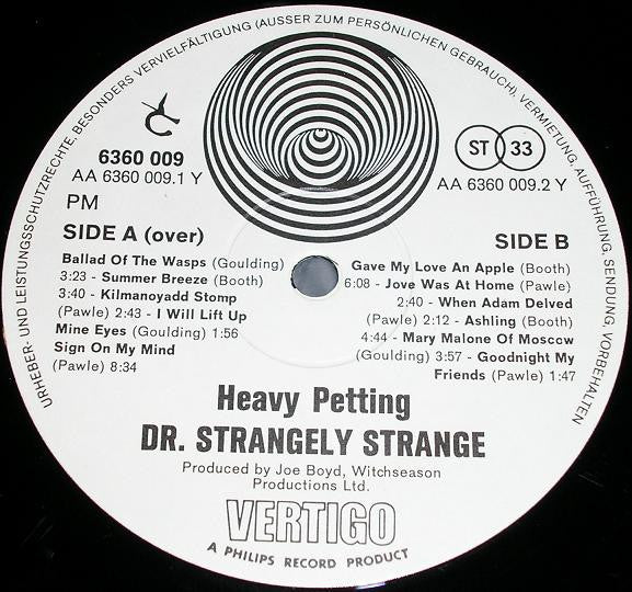 Image of Label Cover of LP - G+/VG - DR. STRANGELY STRANGE, Heavy Petting (Vertigo ; 6360 009, Germany 1970, Laminated Fold Out Sleeve, UK Company Inner), Sleeve All There But Heavily Creased In Places With Three Inch Tear in Right Flap Which has Been Repaired With Tape, Writing On Label, - 2826198E