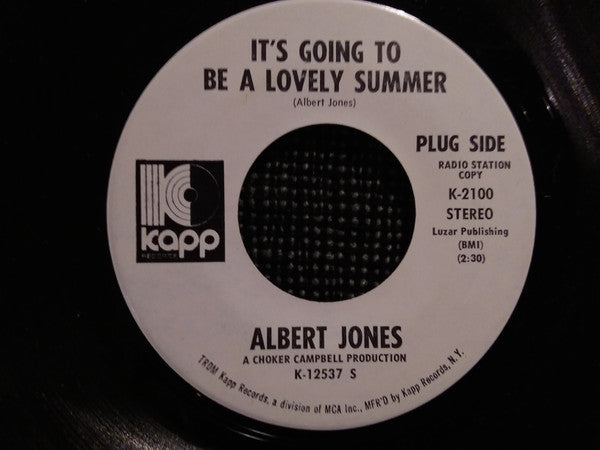 Image of Front Cover of 7" - VG/G - ALBERT JONES, It's Going To Be A Lovely Summer / Monkey Boogaloo (Kapp Records; K-2100, US 1970, Styrene), Lots of marks. Writing and wear on labels. With yellow company sleeve (a few splits / some damage), - 2816251C