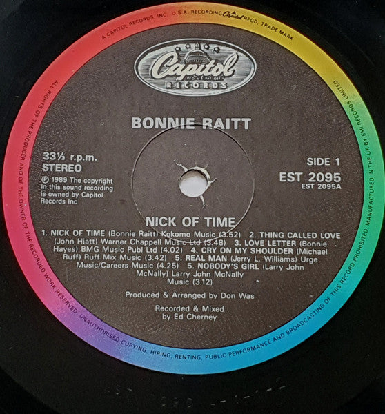 Image of Label Cover of LP - VG/VG - BONNIE RAITT, Nick Of Time (Capitol Records; EST 2095, UK 1989, Inner), Hype stickered sleeve, small mark to varnish from price sticker., - 2816224C