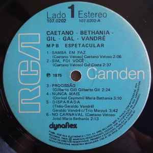 Image of Label Cover of LP - G+/VG - BETH NIA, GIL, GAL, VANDR , CAETANO, MPB Espetacular (RCA Camden; 107.0202, Brazil 1975), , - 2826317E