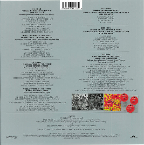 Image of Label Cover of 5xCD - NEW/NEW - CREAM, Wheels Of Fire (Polydor; 8819371, Worldwide 2026, Box Set), , The physical 5CD collection is housed in a 10-inch rigid slipcase finished with a unique silver lamination. It includes individual gatefold folios for the discs and a high-quality hardcover book containing rare archival photographs and extensive liner notes by music critic Jim Farber. - 2836121E