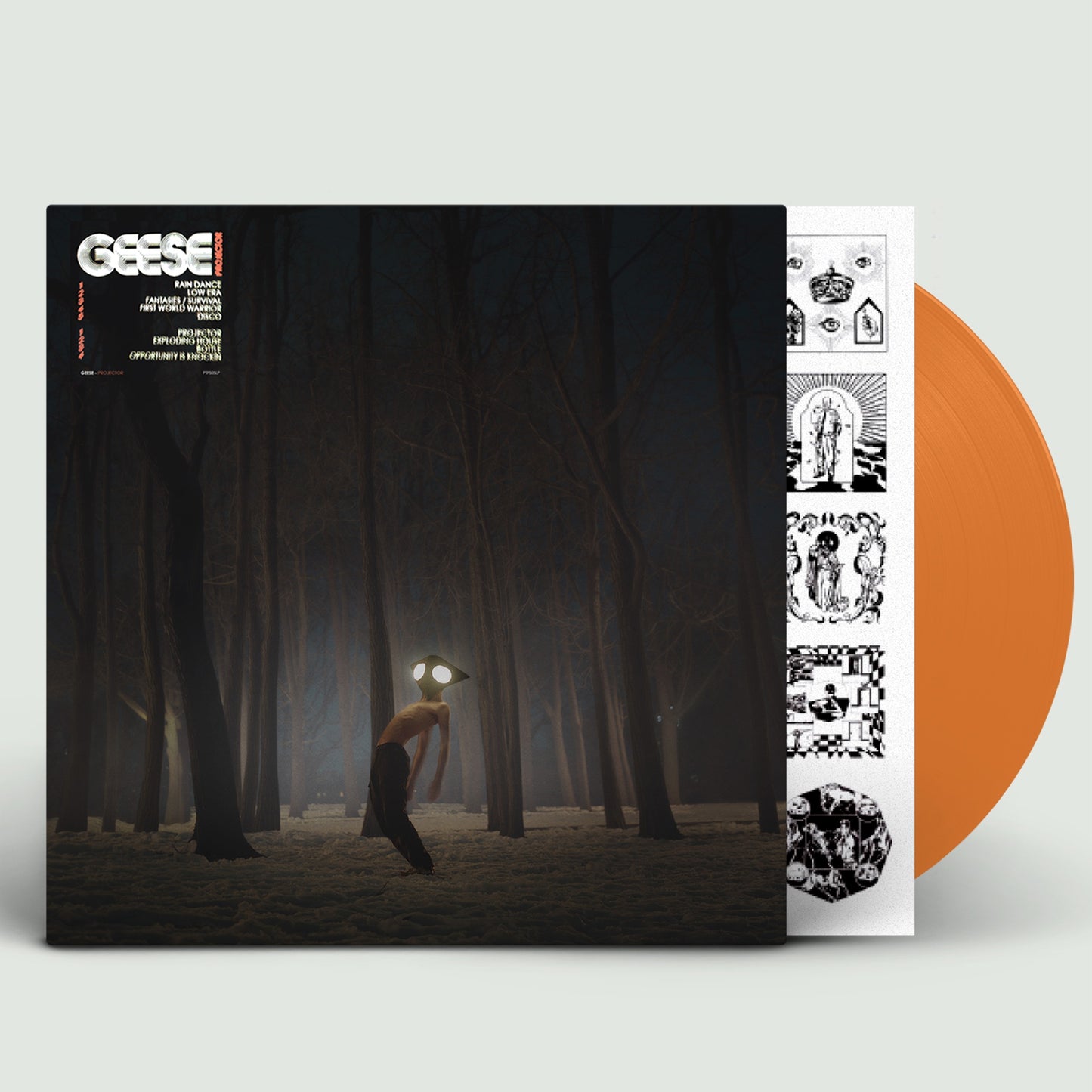 Image of Front Cover of LP - NEW/NEW - GEESE, Projector (Partisan Records; PTPS05LPX2, Europe 2026 Reissue, Inner, Indies Exclusive Opaque Orange), , Geese s primordial debut album, Projector, pressed on opaque orange is an indie retail exclusive. The album started as a project between friends trying to build a home studio in a basement. The result is a stunning debut by young artists whose love of music touches every part of their lives; it reflects their restless anxiety about their futures, and their pe
