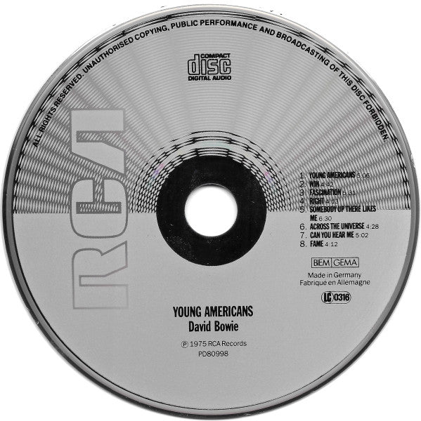 Image of Label Cover of CD - VG+/VG+ - DAVID BOWIE, Young Americans (RCA; PD80998, UK & Europe 1984, Jewel Case, RCA 1984 reissue ), , - 2936027E