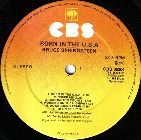 Image of Label Cover of LP - VG/G+ - BRUCE SPRINGSTEEN, Born In The U.S.A. (CBS Orange/Yellow; 86304, UK 1984, Inner & Insert, No Barcode, CBS Inc at Bottom of Label, A2/B2 Matrix), , - 2826380E