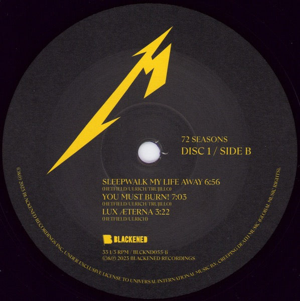 Image of Label Cover of 2xLP - EX/EX - METALLICA, 72 Seasons (Blackened; BLCKND055-1, Europe 2023, Gatefold, 2 Inners & Insert, Red and Black Marbled Vinyl), , - 2926034E