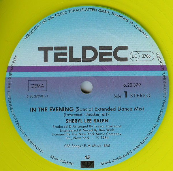 Image of Label Cover of 12" - G+/G+ - SHERYL LEE RALPH, In The Evening (TELDEC; 6.20379 AE, Germany 1984, Yellow Transparent Vinyl), Sleeve worn, stained, scuffed. With hype sticker on front, - 2916297C