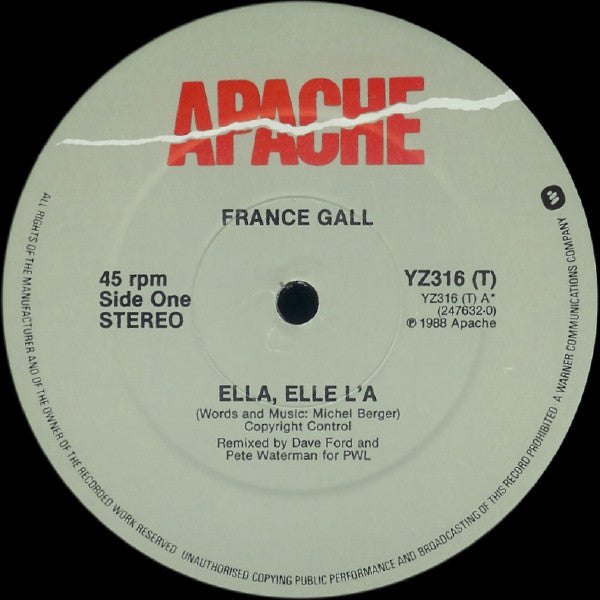 Image of Label Cover of 12" - VG/VG+ - FRANCE GALL, Ella Elle L'A (Remix) (Apache; YZ 316 (T), UK 1988, Picture Sleeve), Couple of cosmetic marks., - 2916260C
