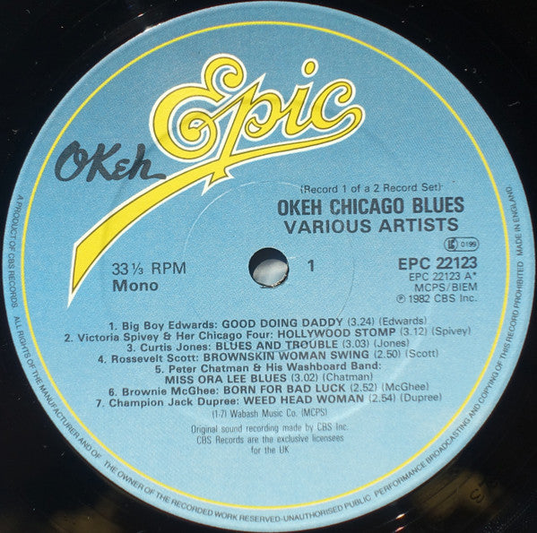 Image of Label Cover of 2xLP - VG/VG+ - VARIOUS, Okeh Chicago Blues (Epic; EPC 22123, UK 1982, Gatefold), Sleeve has edge wear, - 2916304C