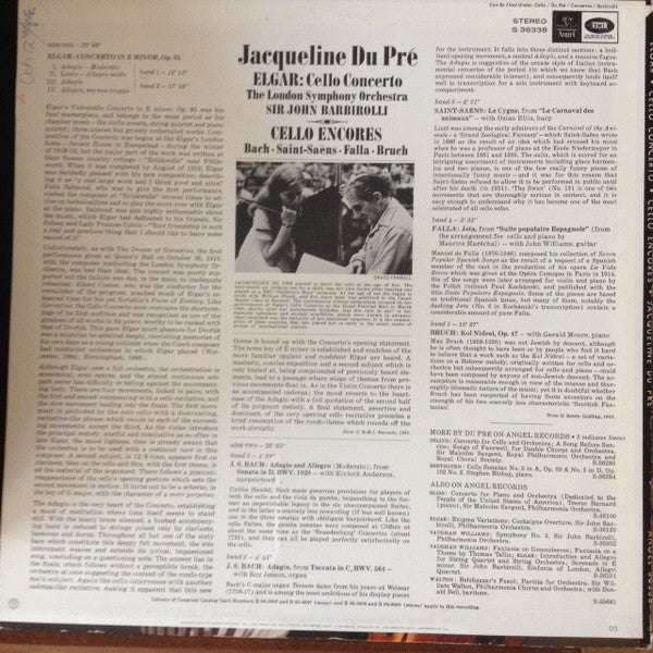 Image of Back Cover of LP - VG/VG - ELGAR - SIR JOHN BARBIROLLI, THE LONDON SYMPHONY ORCHESTRA, JACQUELINE DU PR , Cello Concerto / Cello Encores (Angel Records; 36338, US 1975), , - 2926265E