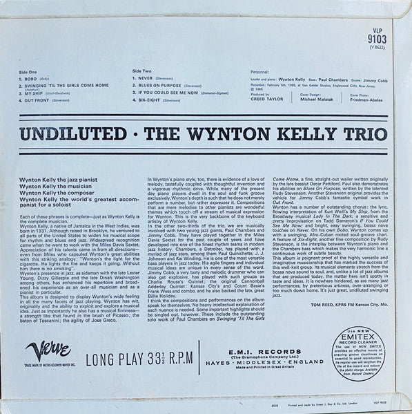 Image of Back Cover of LP - VG/VG - WYNTON KELLY TRIO, Undiluted (Verve Records; VLP 9103, UK 1965, Mono), Vinyl in strong VG with light marks only., - 2046029S
