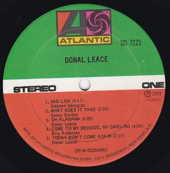 Image of Label Cover of LP - VG/VG - DONAL LEACE, Donal Leace (Atlantic; SD 7221, US 1972, Pasteback Sleeve), , - 2916464C