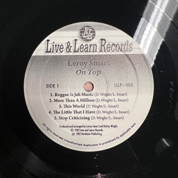 Image of Label Cover of LP - VG+/VG+ - LEROY SMART, On Top (Live & Learn Records; LL LP 003, Canada 2000s Reissue, Black/white/gray labels dated 1982), , - 2946276S