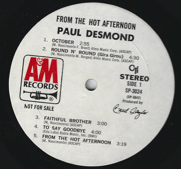 Image of Label Cover of LP - VG/VG - PAUL DESMOND, From The Hot Afternoon (A&M Records; SP-3024, US 1969, Promo, Pasteback Gatefold Sleeve), hairlines, edge wear, - 2946278S