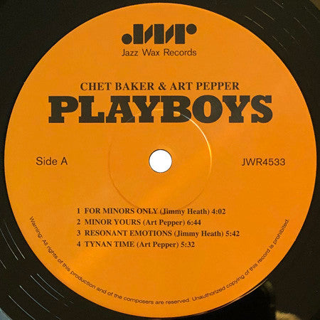 Image of Label Cover of LP - VG+/VG - CHET BAKER AND ART PEPPER, Playboys (Jazz Wax Records; JWR 4533 , UK 2010 Reissue), Light Marks only., - 2916489C