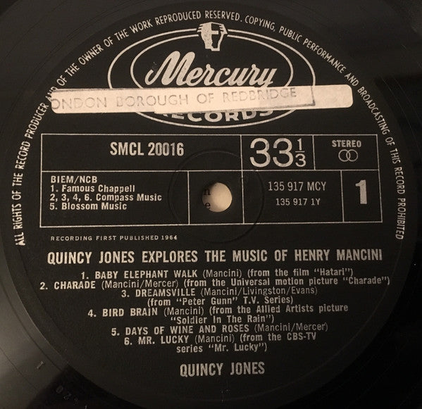 Image of Label Cover of LP - VG/VG - QUINCY JONES, Quincy Jones Explores The Music Of Henry Mancini (Mercury; SMCL 20016, UK 1964, Laminated Flipback Sleeve), , - 3026023E