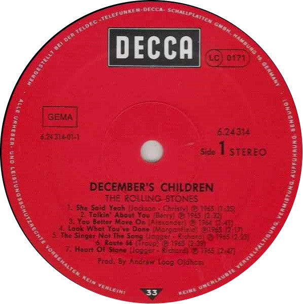 Image of Label Cover of LP - VG+/VG+ - THE ROLLING STONES, December's Children (And Everybody's) (Decca ; 6.24314 AO, Germany 1980 Reissue, Inner), , - 3026127E