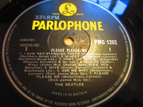 Image of Label Cover of LP - G+/G - THE BEATLES, Please Please Me (Parlophone; PMC 1202, UK 1963), Many marks on the record. Sleeve has many small creases and tears and discolouration on sleeve rear., - 3026112E