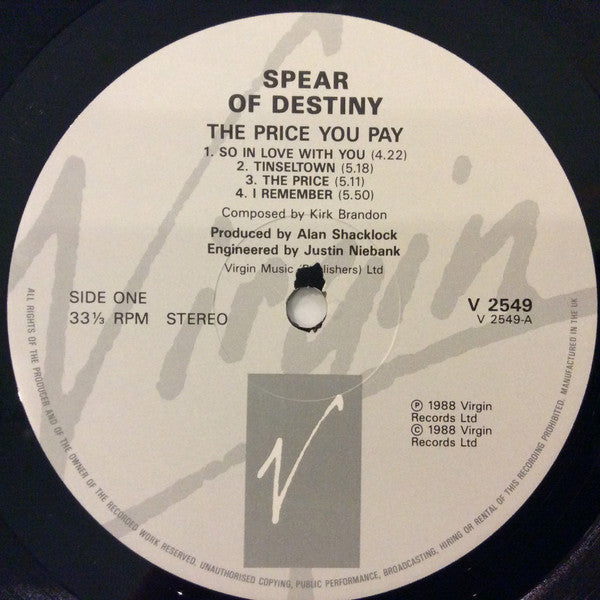 Image of Label Cover of LP - VG/VG+ - SPEAR OF DESTINY, The Price You Pay (Virgin; V 2549, UK 1988, Inner), , - 3016215C