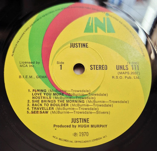 Image of Label Cover of LP - VG/G - JUSTINE, Justine (UNI Records; UNLS 111, UK 1970, Textured Gatefold Sleeve, Stereo), Pen Mark On Front Sleeve, - 3046096S