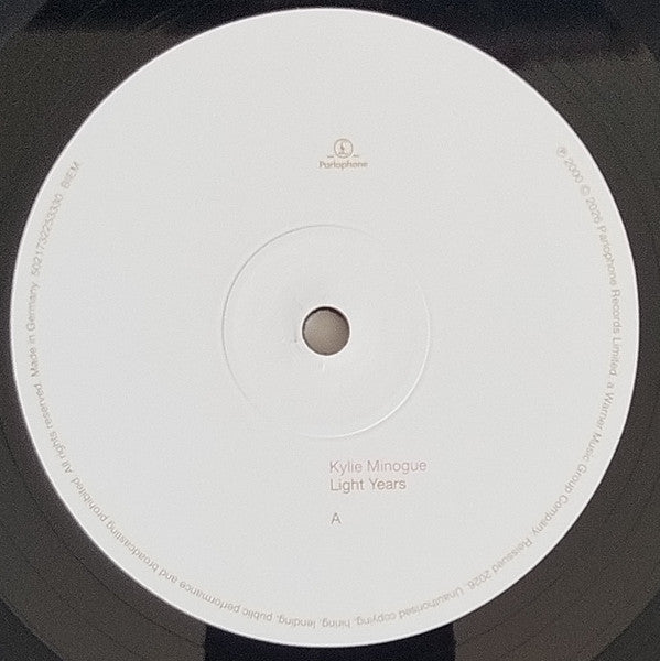 Image of Label Cover of 2xLP - NEW/NEW - KYLIE MINOGUE, Light Years (Parlophone; 5021732253330, Worldwide 2026 Reissue, Gatefold, 2 Inners, Black Vinyl), , Kylie s first album with Parlophone shot Kylie back into pop stardom, with a blend of dance-pop, disco and Europop spawning singles such as On A Night Like This, Kids with Robbie Williams, and her big comeback single Spinning Around. - 3236015E